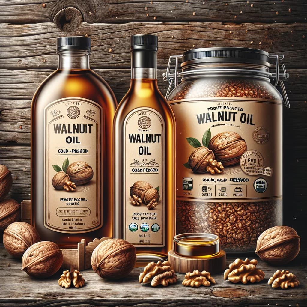 Assorted walnut oil bottles with premium packaging on a wooden background