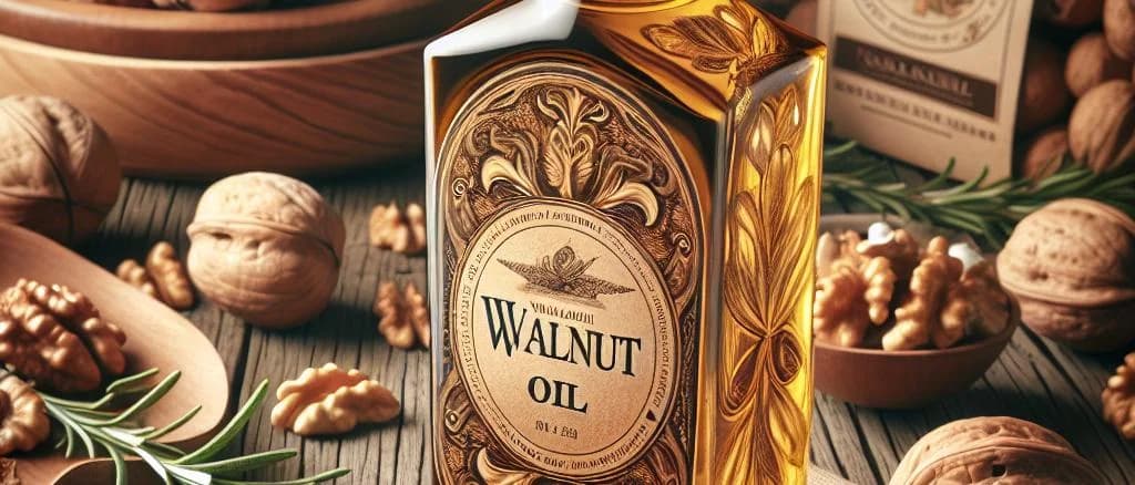 Assorted walnut oil bottles and packaging on a rustic wooden background