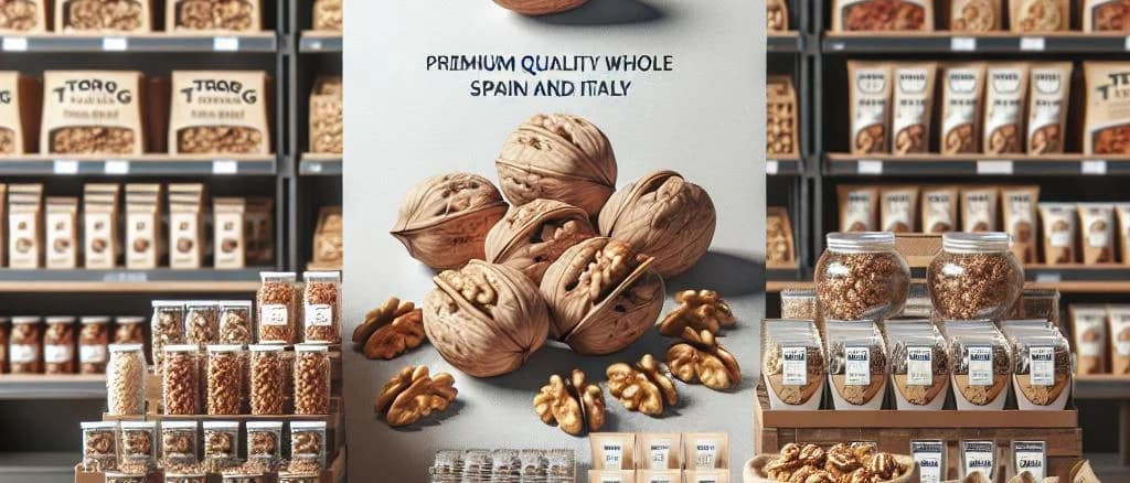 Various walnut product variations on a wooden background