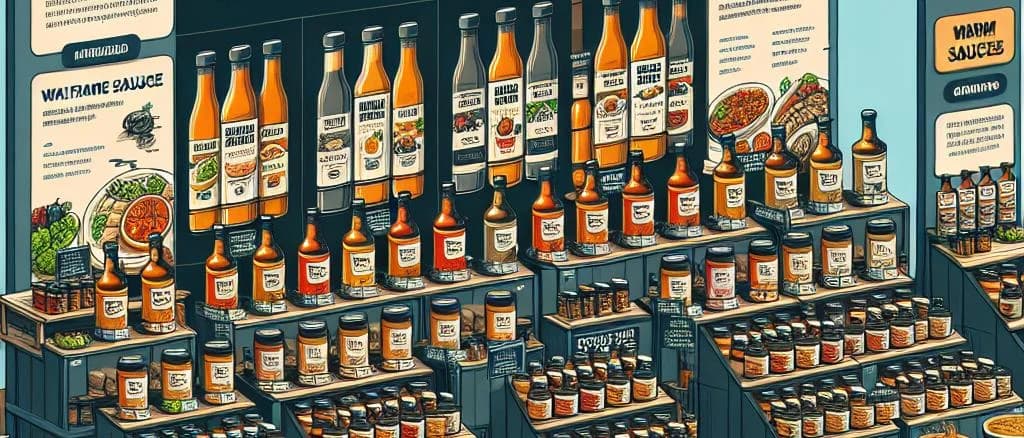 Warm sauces in various packaging, including glass jars and bottles, against a neutral background