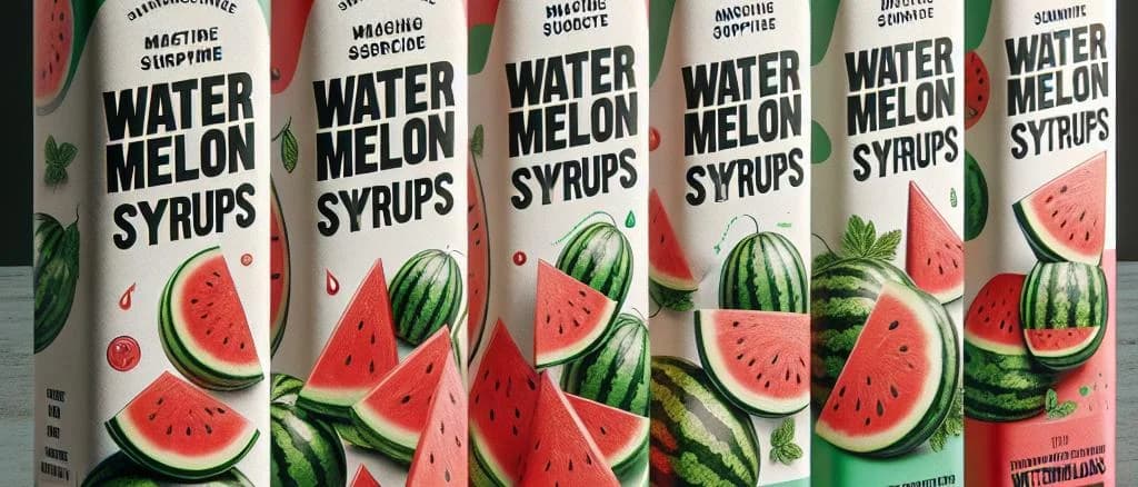 variety of watermelon syrup bottles with vibrant backgrounds