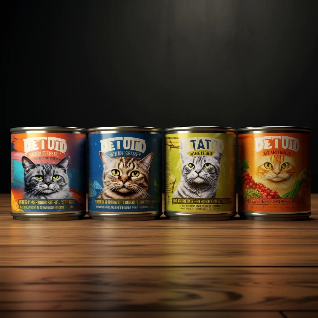 assortment of wet cat food cans and pouches on a clean background