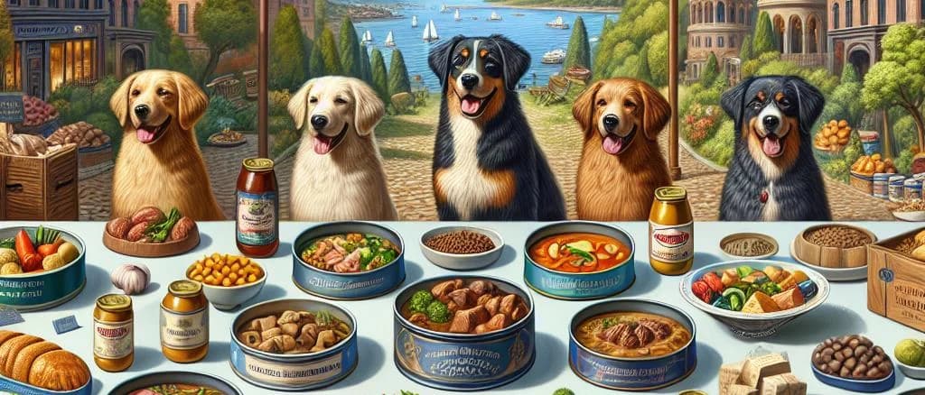 variety of wet dog food packaging featuring cans and pouches on a wooden table