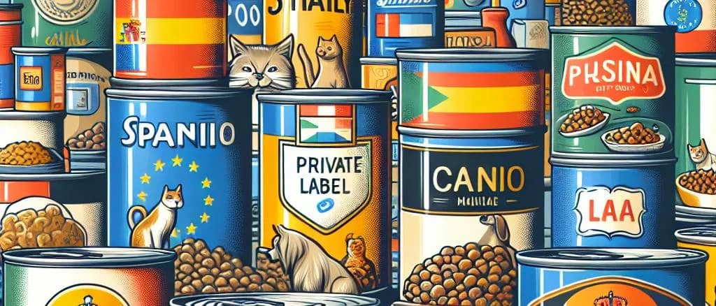 Various cans of premium wet pet food in a modern kitchen setting