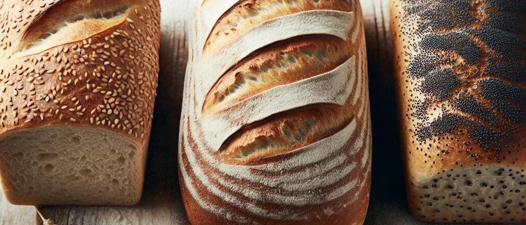assortment of wheat bread loaves with varied textures and packaging on rustic wooden background