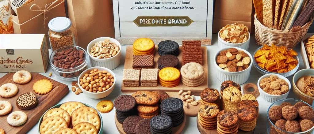 Wheat-free food products with varied packaging on a wooden background