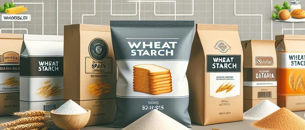 Diverse wheat starch packaging variations on a clean background