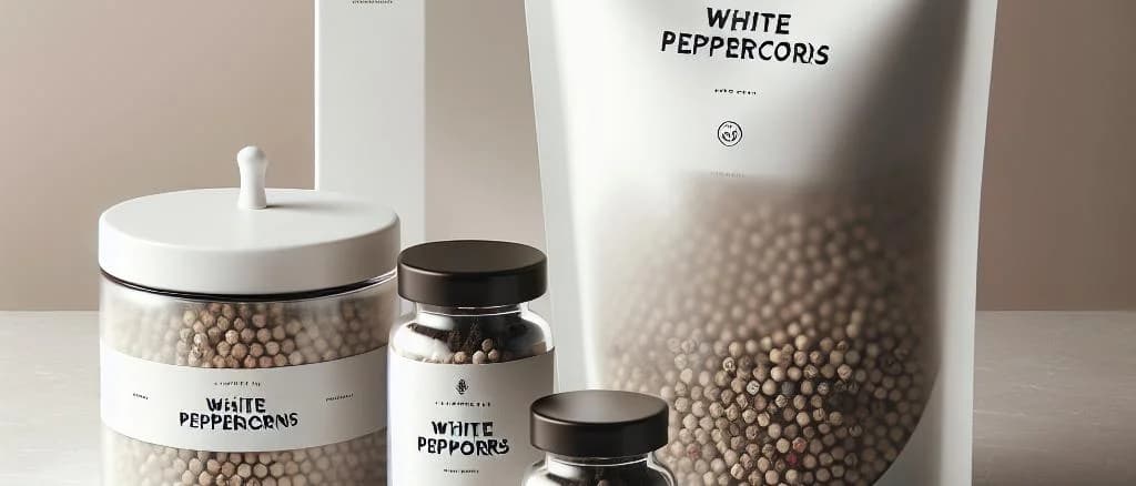 Selection of white peppercorns in varying packaging on wooden background