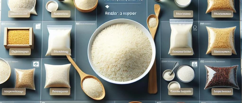 various types of white rice in different packaging against a neutral background