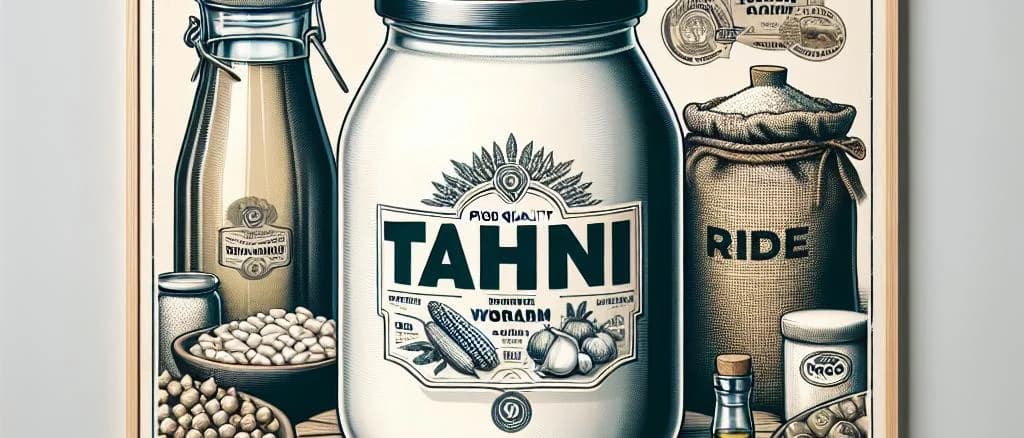 white tahini jars with varied packaging on a wooden display