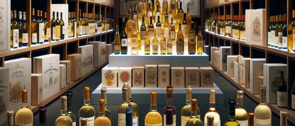 Assorted bottles of white wine with elegant packaging on a wooden background, highlighting different wine varieties with clear labels.