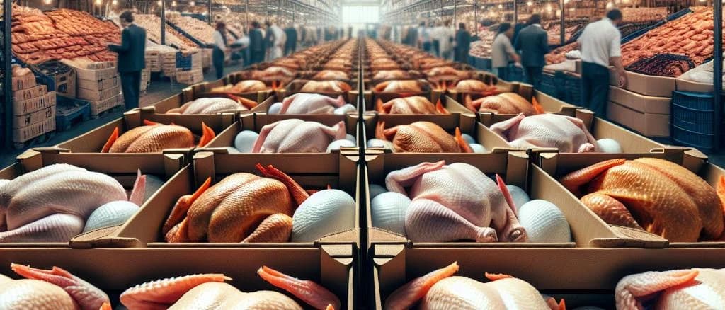 Whole chickens with various packaging options on a clean background