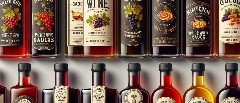 Different variations of wine sauce bottles with diverse backgrounds