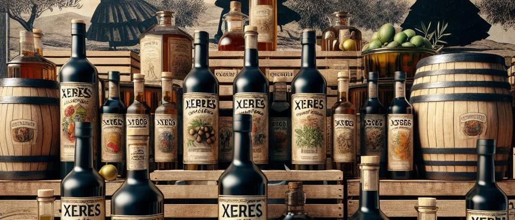 Assorted bottles of Xeres vinegar with vibrant labels and elegant packaging on a wooden tabletop