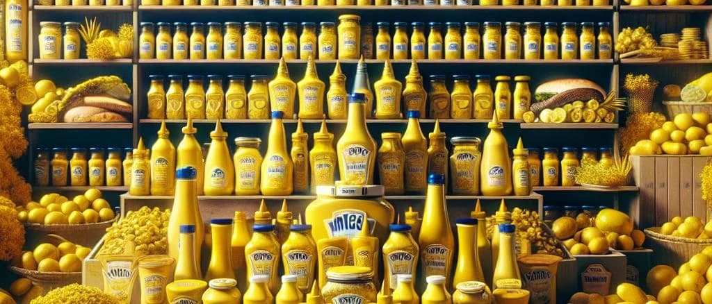 Yellow mustard jars and bottles on a wooden table with various packaging styles