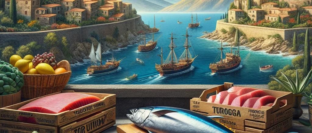 Yellowfin Tuna packaging variations on a blue oceanic background