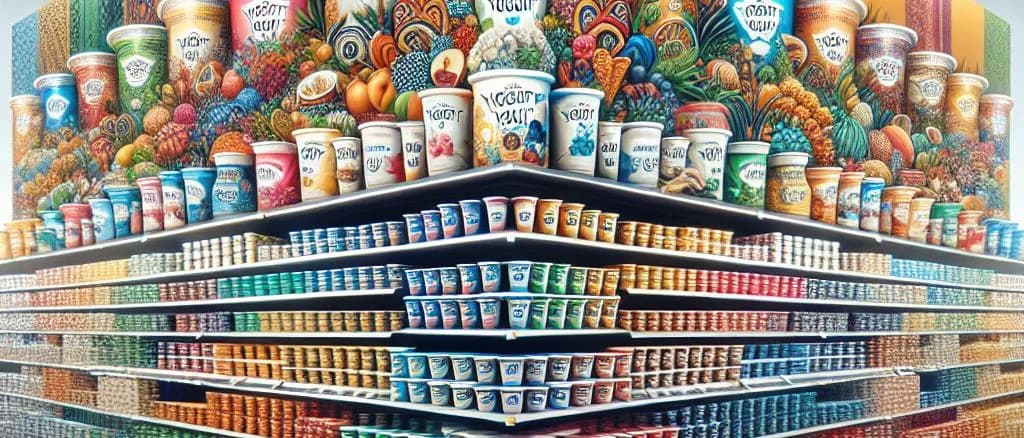 Selection of yogurt products in various packaging on a wooden background