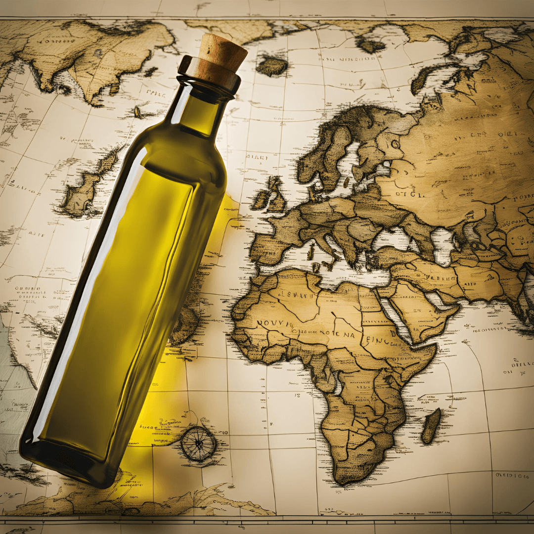 Bottle of olive oil over world map