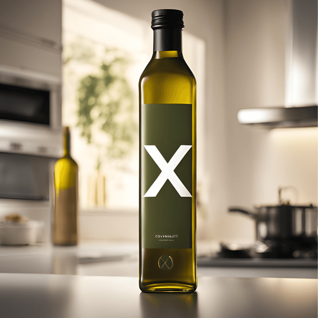 Olive oil bottle with X on the label