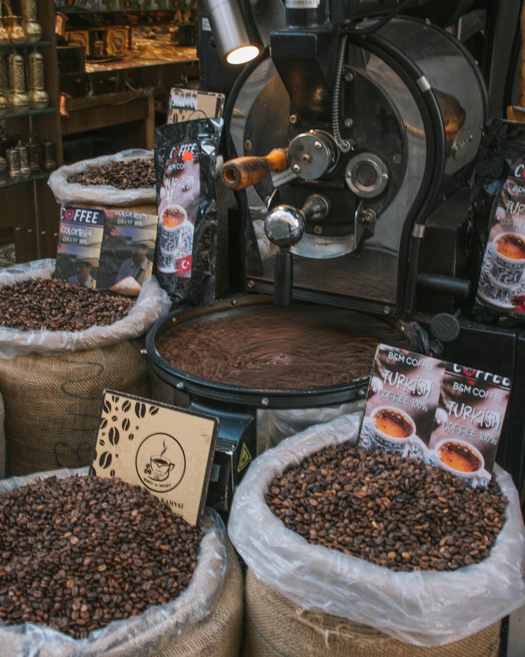 Bags full of coffee beans