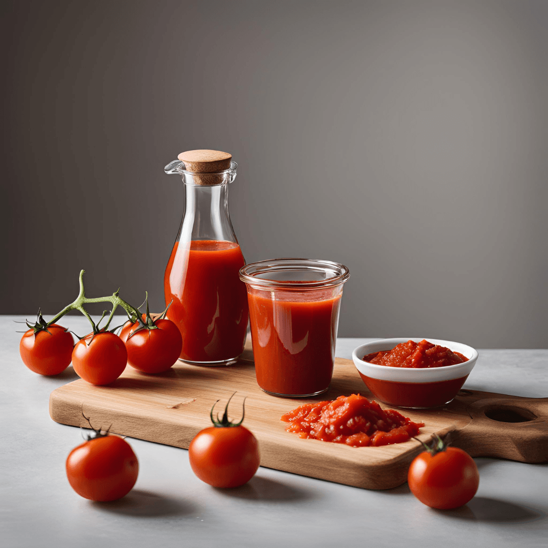 Tomato paste in a bowl, tomato juice in a plain glass, and diced tomatoes on a chopping board, all placed next to each other