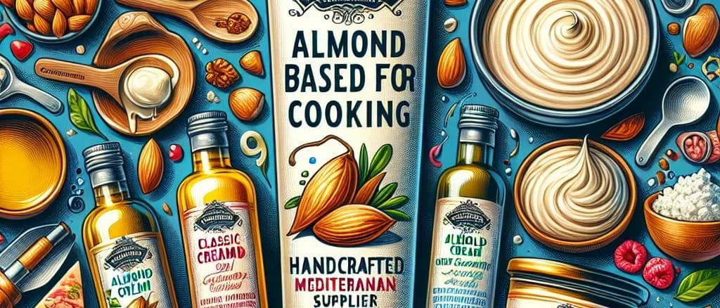 almond-based cooking creams with varied packaging on wooden kitchen counter