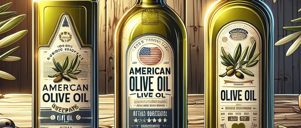 American olive oil bottles with diverse labels on a wooden table