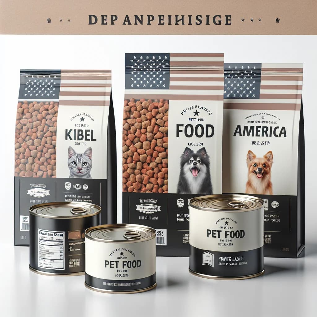 premium American pet food packaging for wholesale and bulk sourcing, displayed with various product types on a clean background