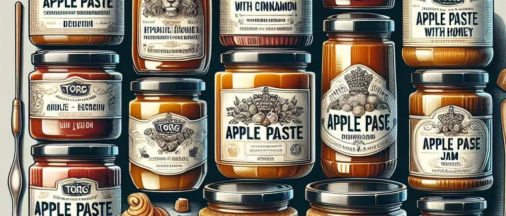 varied types of apple paste packaging on a wooden table