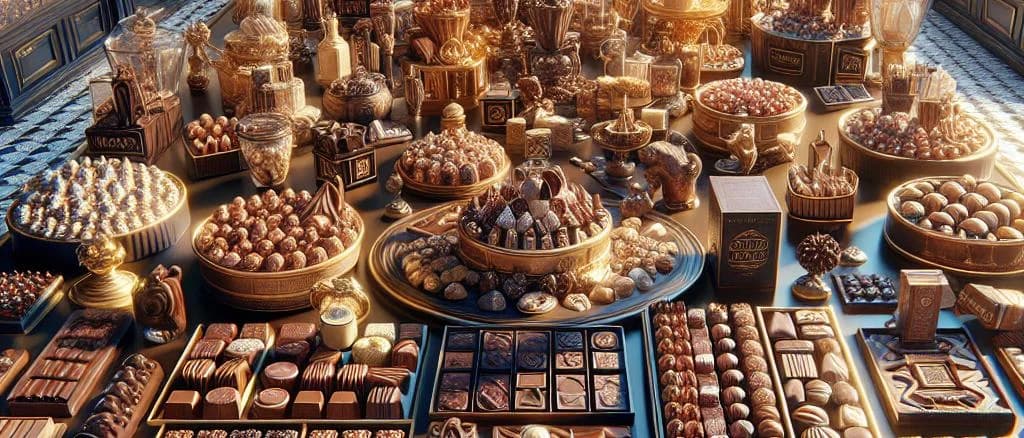 Assorted chocolates in various packaging and flavors on a wooden table