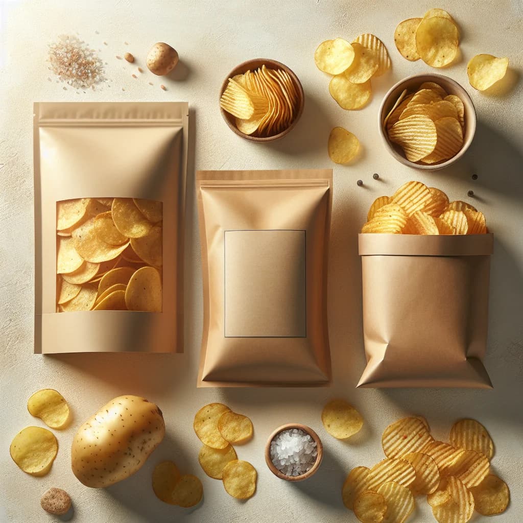 baked potato chips in assorted packaging on a neutral background