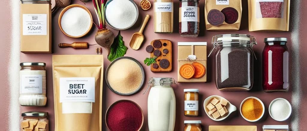Varieties of packaged beet sugar on wooden background