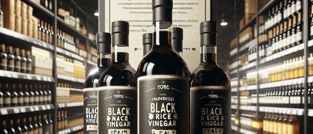 black rice vinegar bottles on various backgrounds, showcasing packaging options