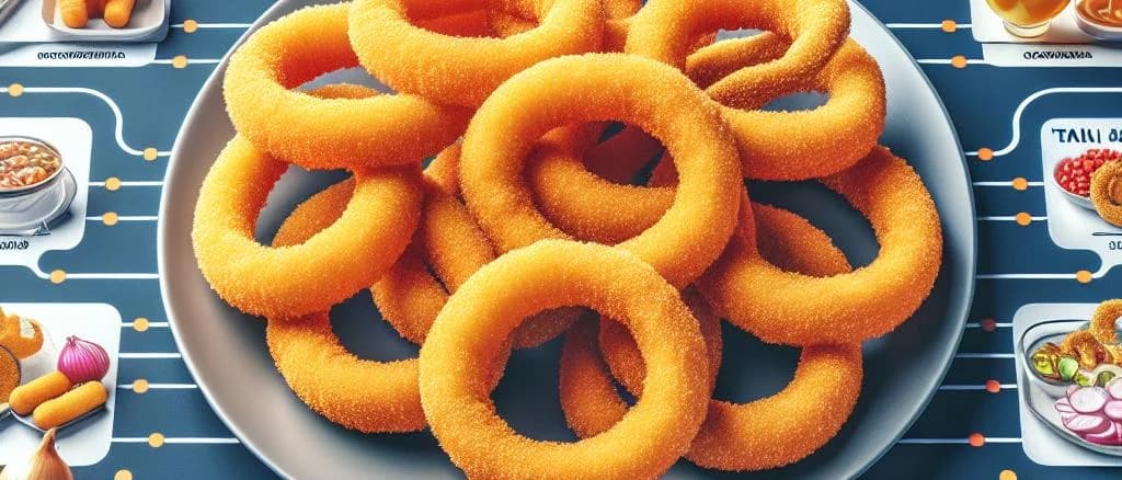 assortment of breaded onion rings with various packaging in a commercial setting
