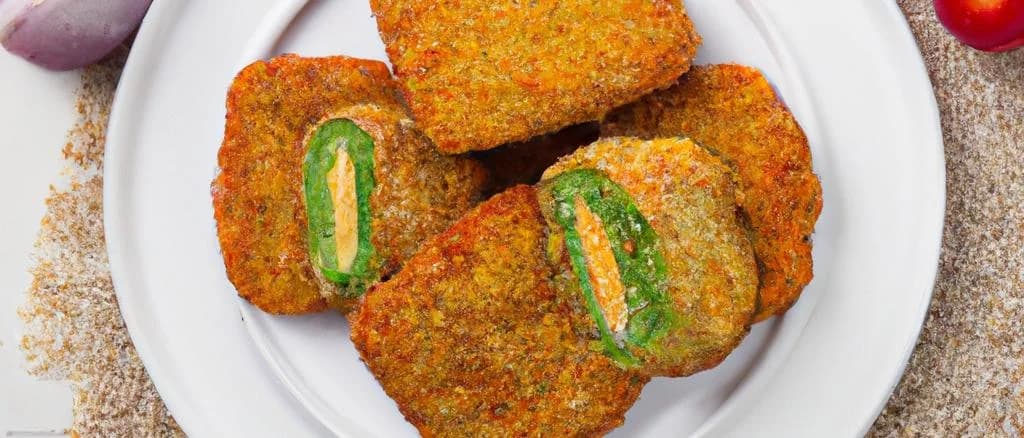 Selection of breaded vegetable patties with various textures and packaging on wooden surface