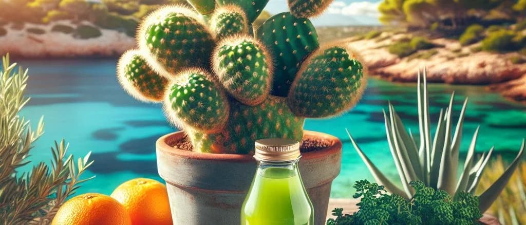 Variety of packaged cactus products with desert landscape background