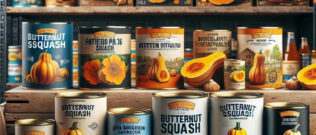 Canned butternut squash variations on a wooden kitchen counter