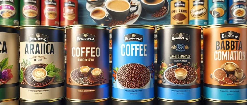 Canned coffees in various packaging designs on a minimalist background