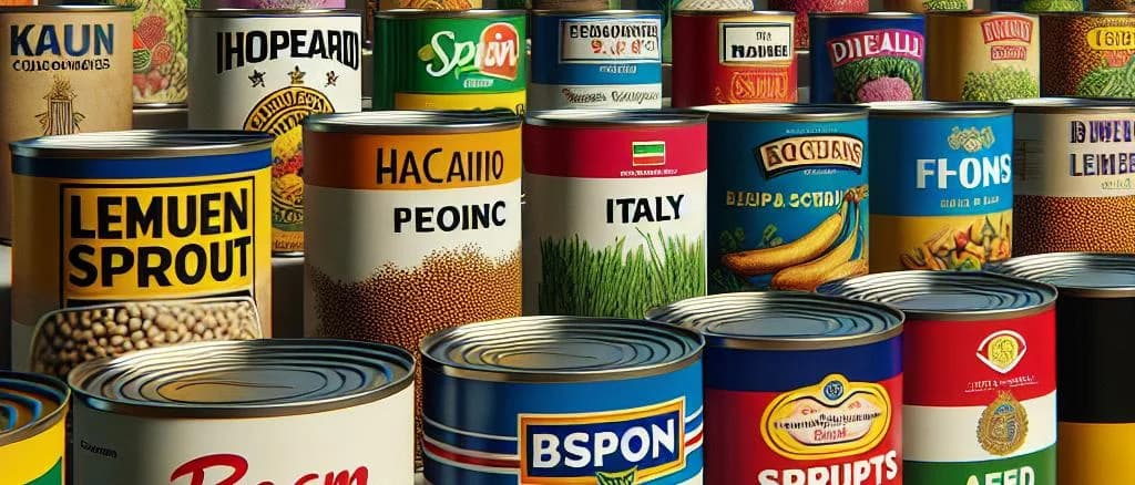 canned legume sprouts in various packaging on a neutral background