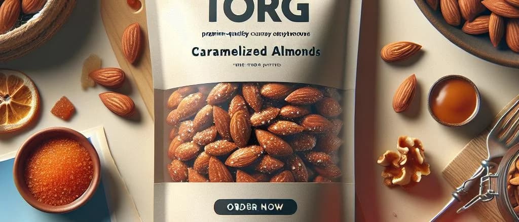 caramelized almonds in diverse packaging with neutral background