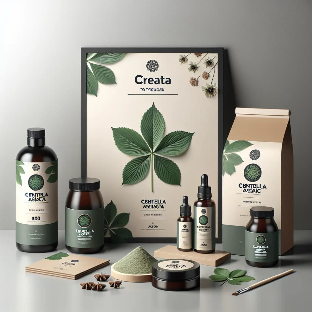 packaging variations of Centella Asiatica Extract products in bulk and private label formats on a clean background