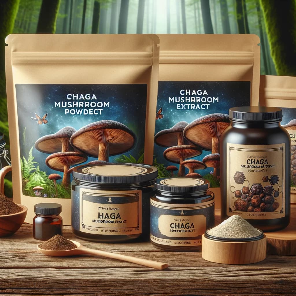 Chaga mushroom extract powder in eco-friendly packaging with a natural forest backdrop