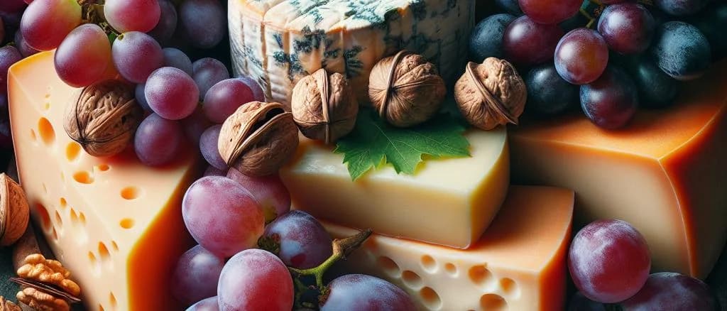 Assorted cheeses with walnuts on wooden boards in various packaging