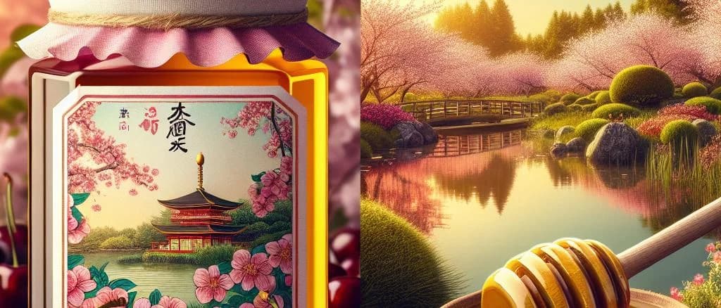 Various Cherry Blossom Honey jars on natural wood background