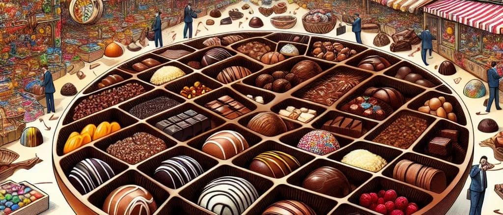 Assorted praline-filled chocolates on a rustic wooden surface, showcasing different styles and packaging