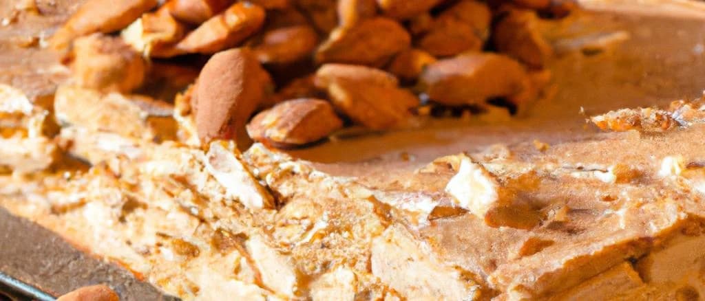 Crunchy Almond Turrón variations on wooden table with packaging