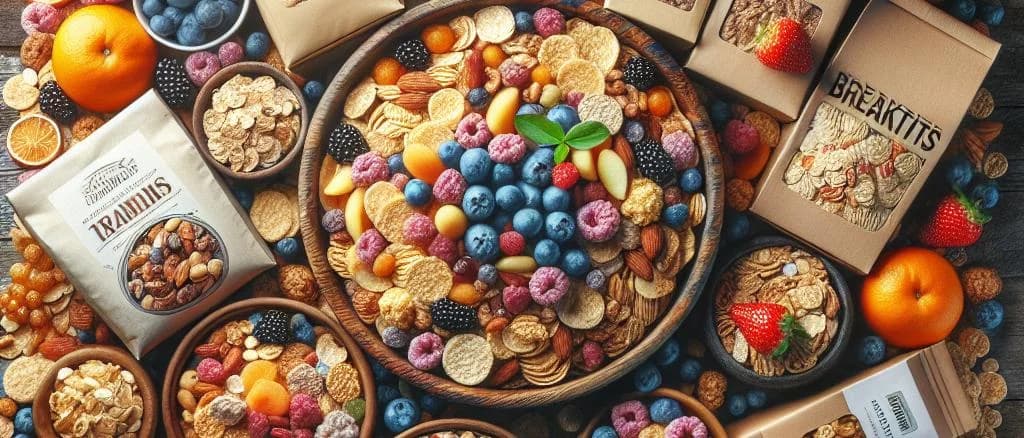 assortment of crunchy mueslis with fruits in various packaging