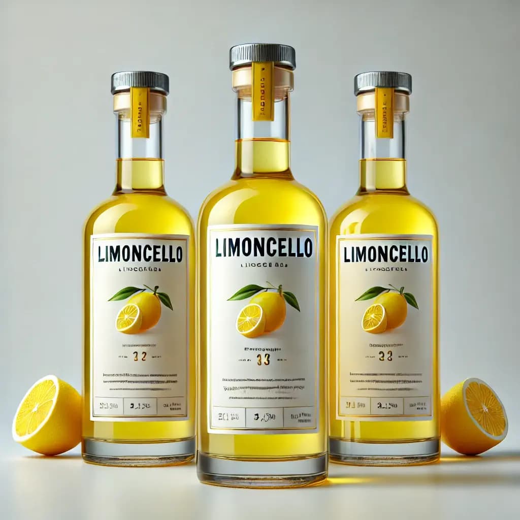 Limoncello bottles in various packaging designs on a rustic wooden table