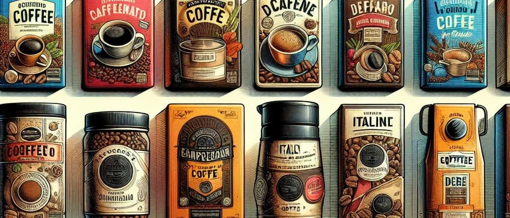 Variety of decaffeinated instant coffee packets with customized packaging on a wooden background
