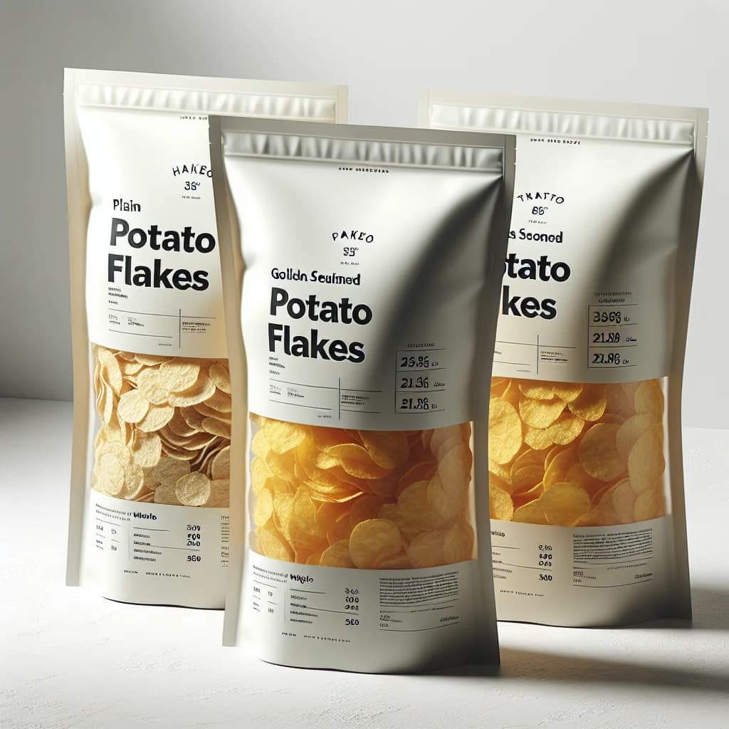 varieties of dehydrated potato flakes packaging in bulk with a clean white background